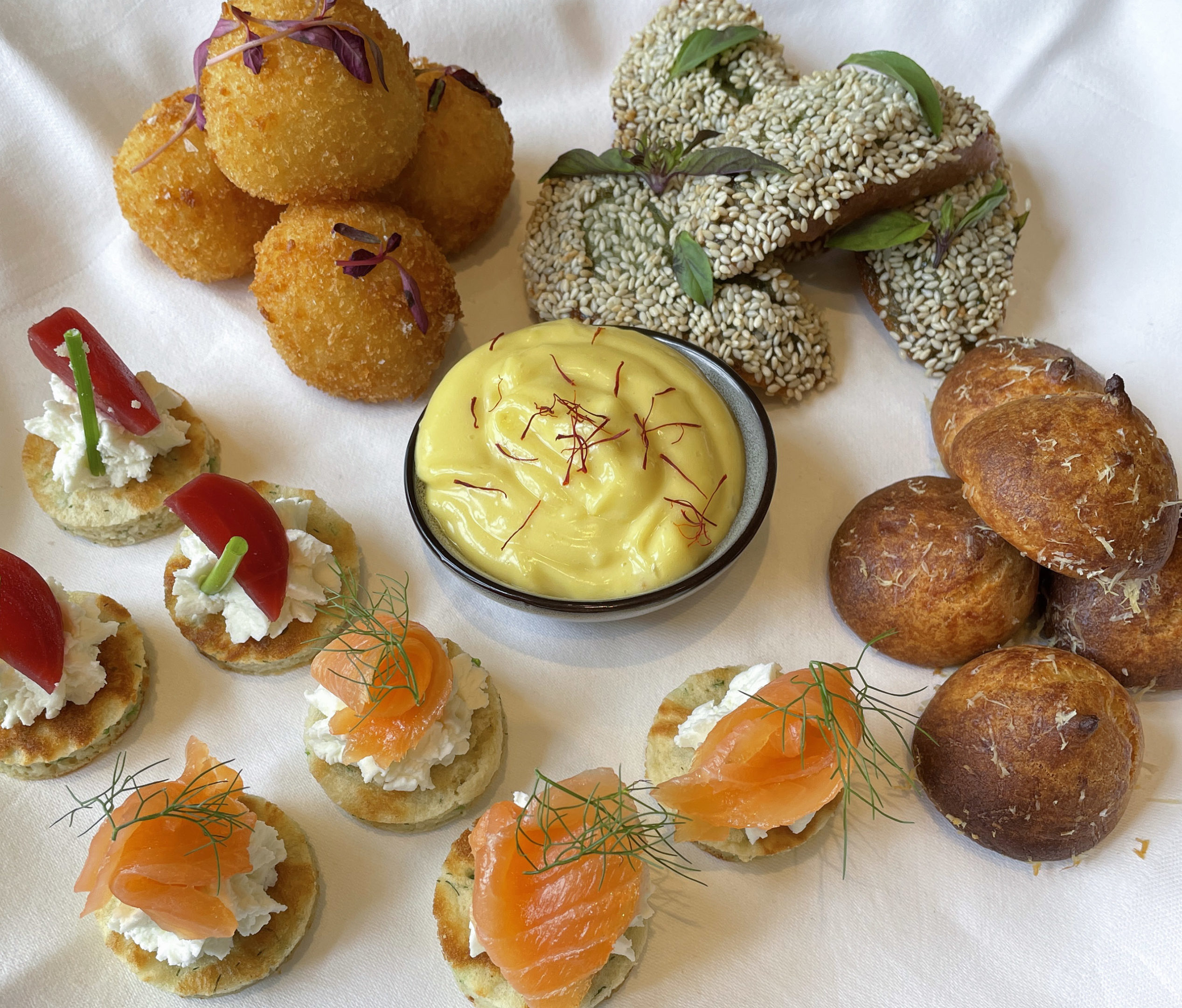 A selection of canapes and a dip made during a canapes cookery course at Swinton Cookery School near Harrogate in North Yorkshire
