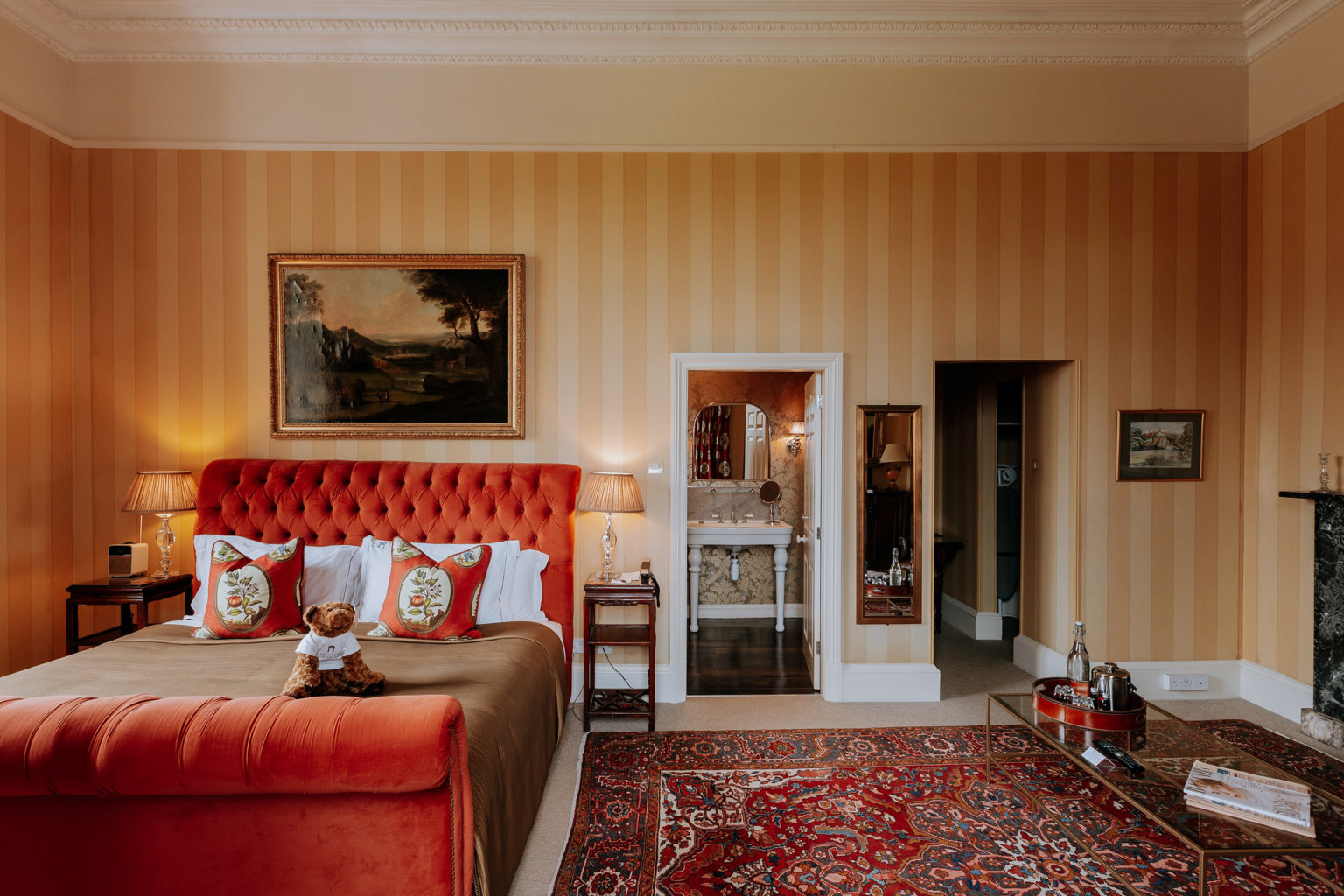 A photograph of a Harrogate Duke Bedroom at Swinton Park hotel in North Yorkshire