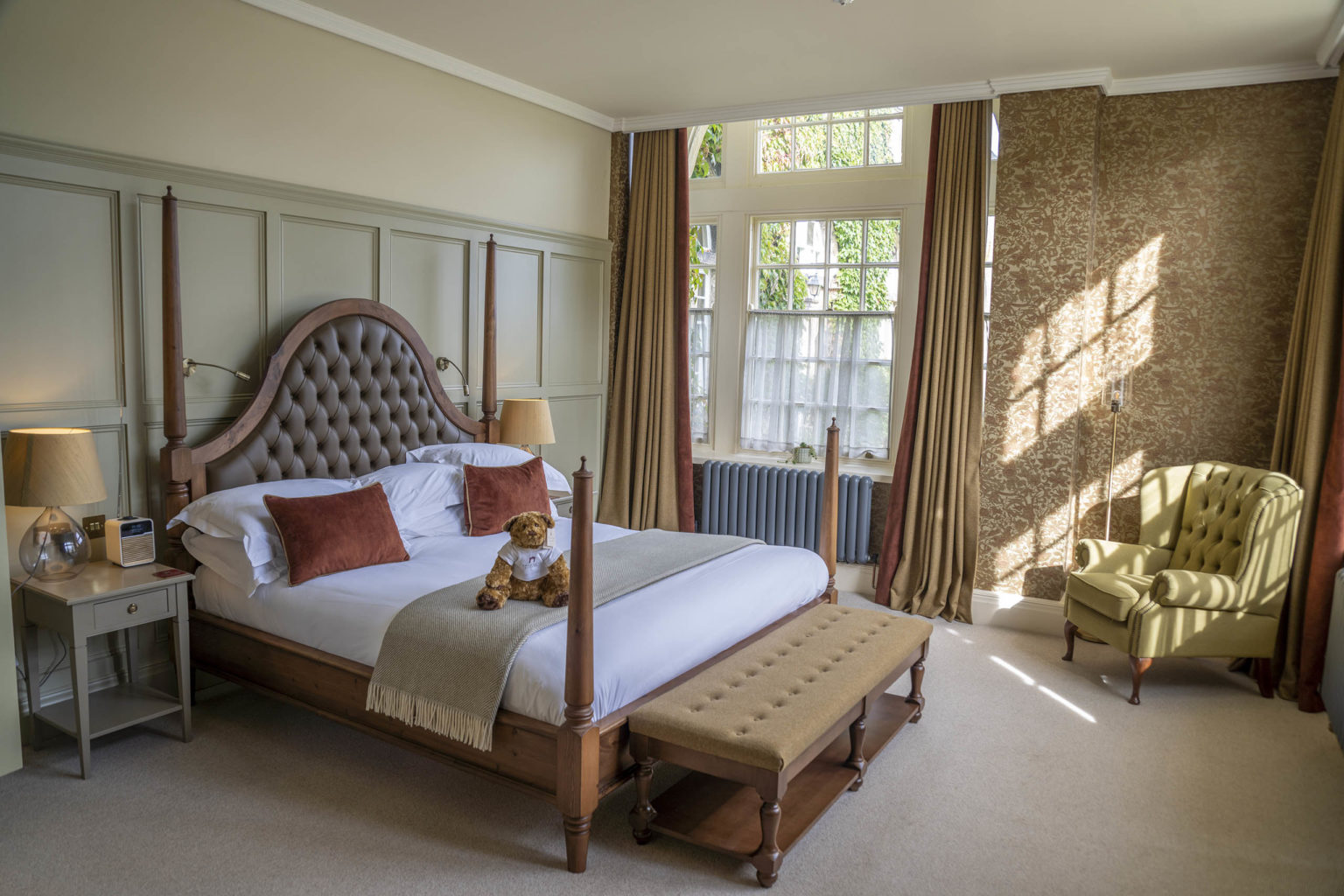 The luxury bedroom of Colsterdale Suite accommodation at the dog-friendly Swinton Park Hotel near Harrogate and the Yorkshire Dales in North Yorkshire