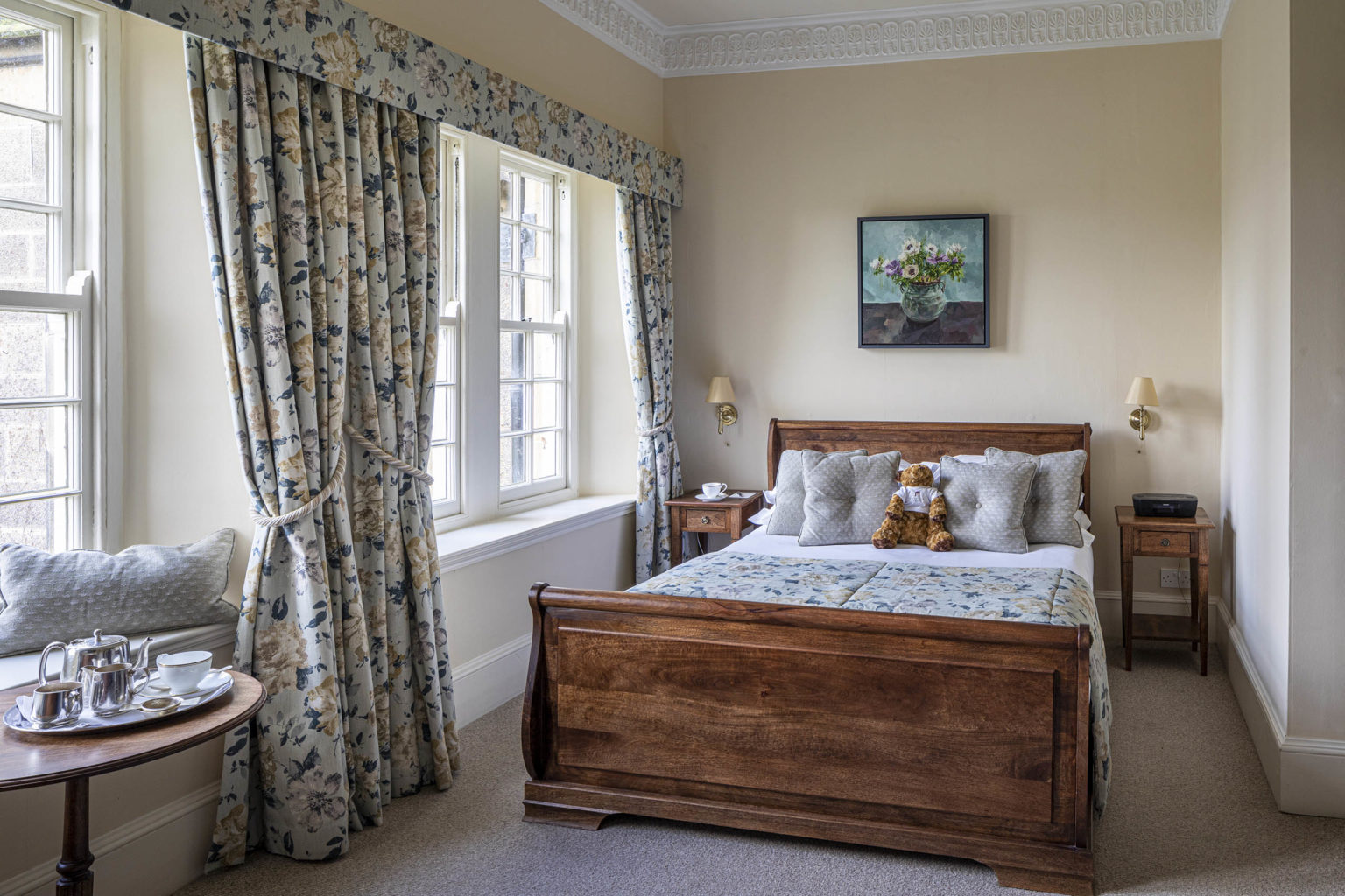 The bedroom of the Harewood suite in Swinton Park Hotel in North Yorkshire