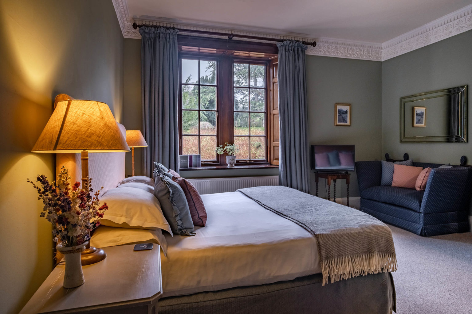 The Harlow Carr bedroom at Swinton Park Hotel in North Yorkshire