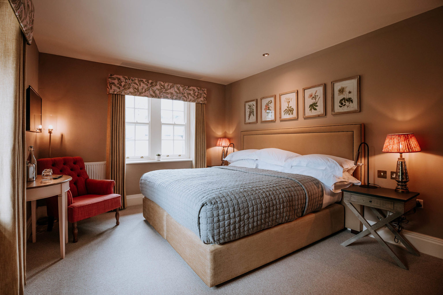 A wide angle photo of Healey bedroom at Swinton Park Hotel in North Yorkshire