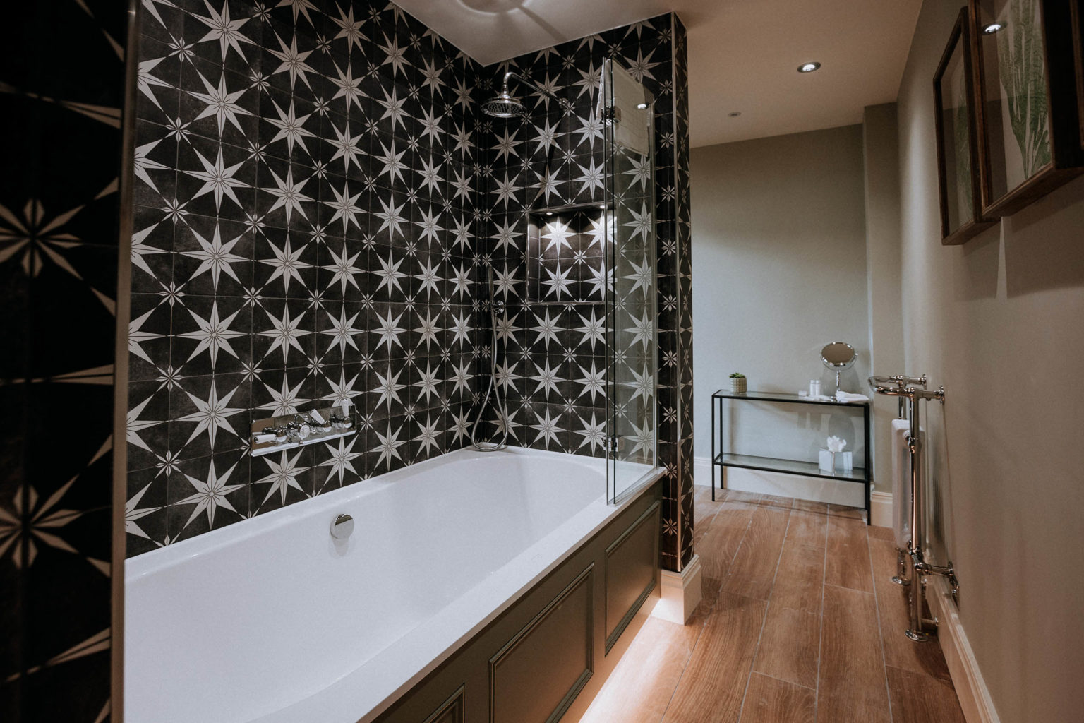 The bathroom of the Nutwith Baroness room at Swinton Park Hotel in North Yorkshire