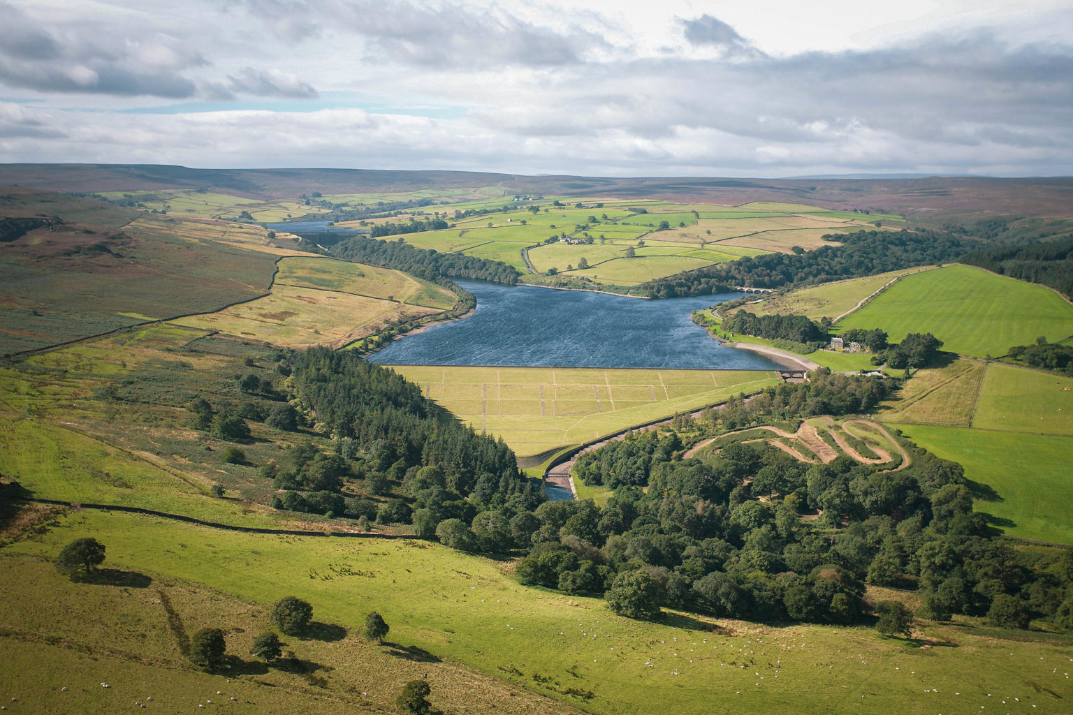 Aerial photo of Leighton Reservoir on the Swinton Estate in North Yorkshire