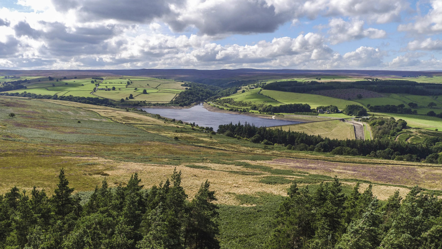 Countryside landscape and Leighton Reservoir on the Swinton Estate in North Yorkshire