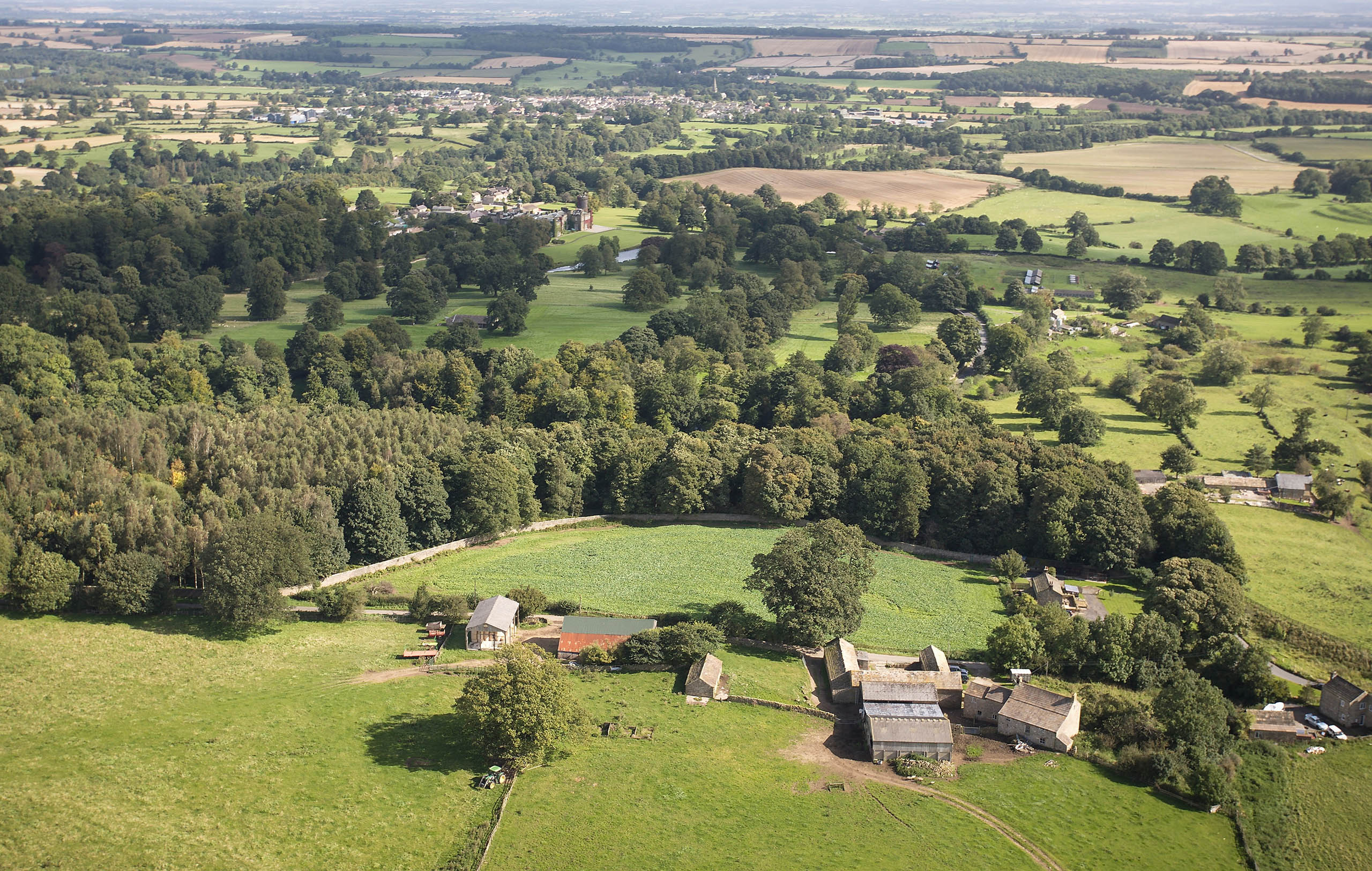 Aerial photo of fields and woodland landscape on the Swinton Estate in North Yorkshre