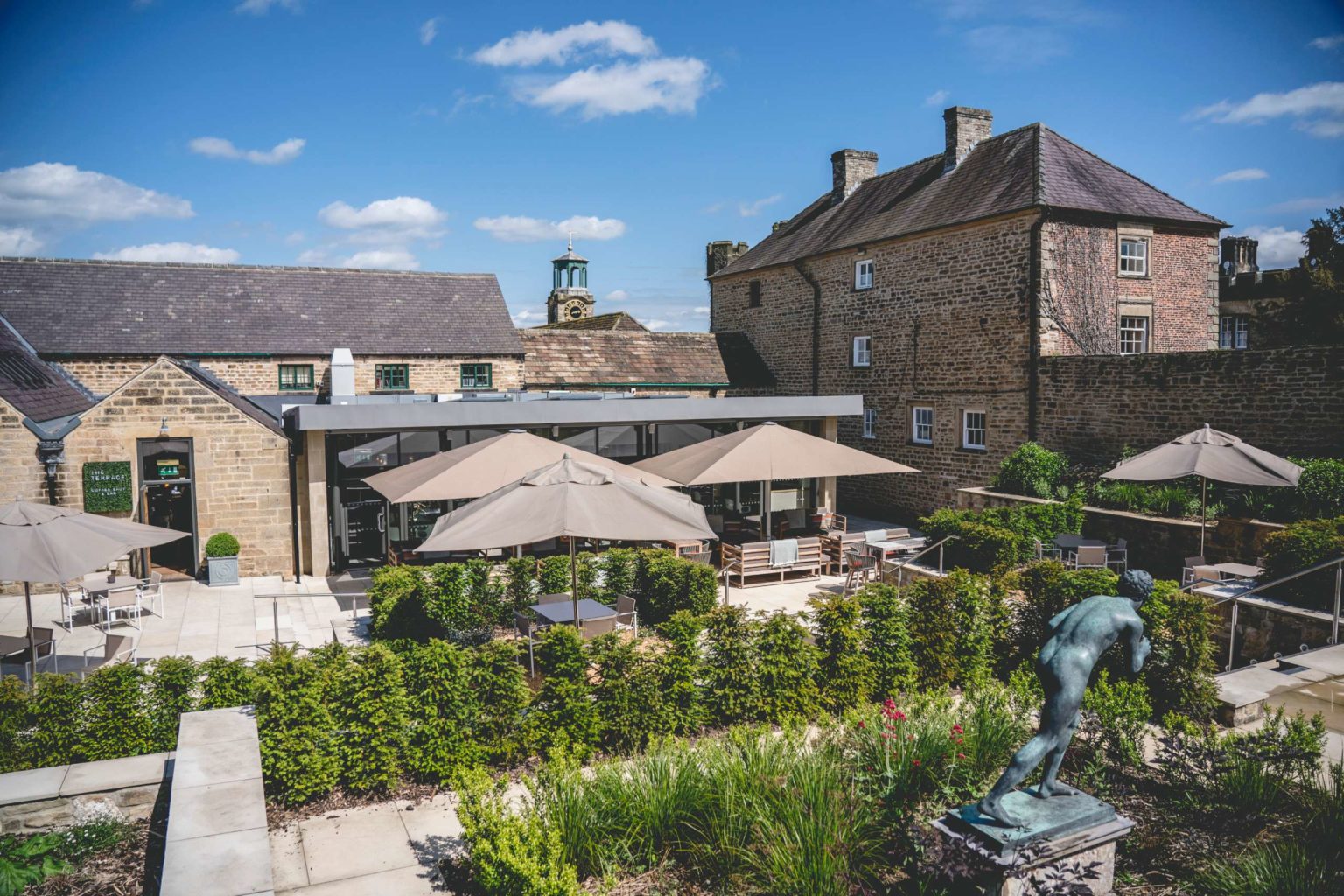 The exterior courtyard of The Terrace Restaurant and Bar on the Swinton Estate in North Yorkshire