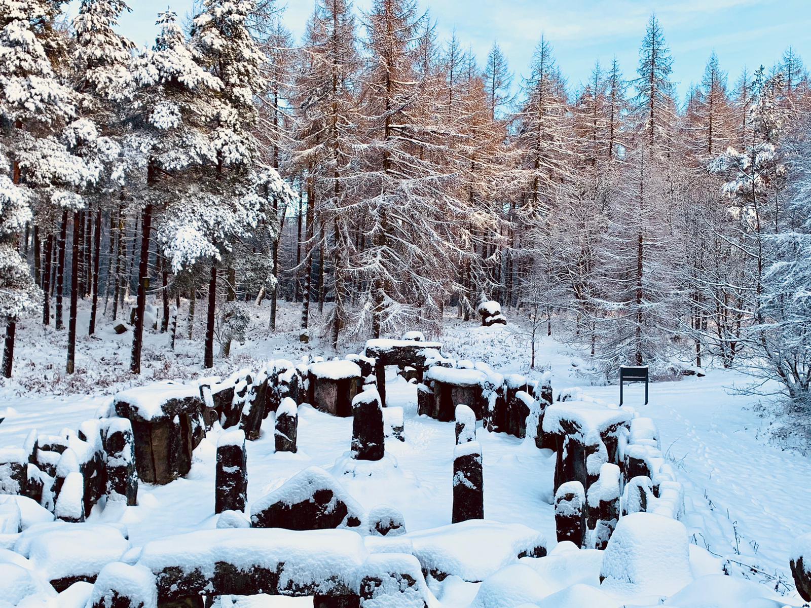 The Druid's Temple at Swinton Bivouac covered in snow
