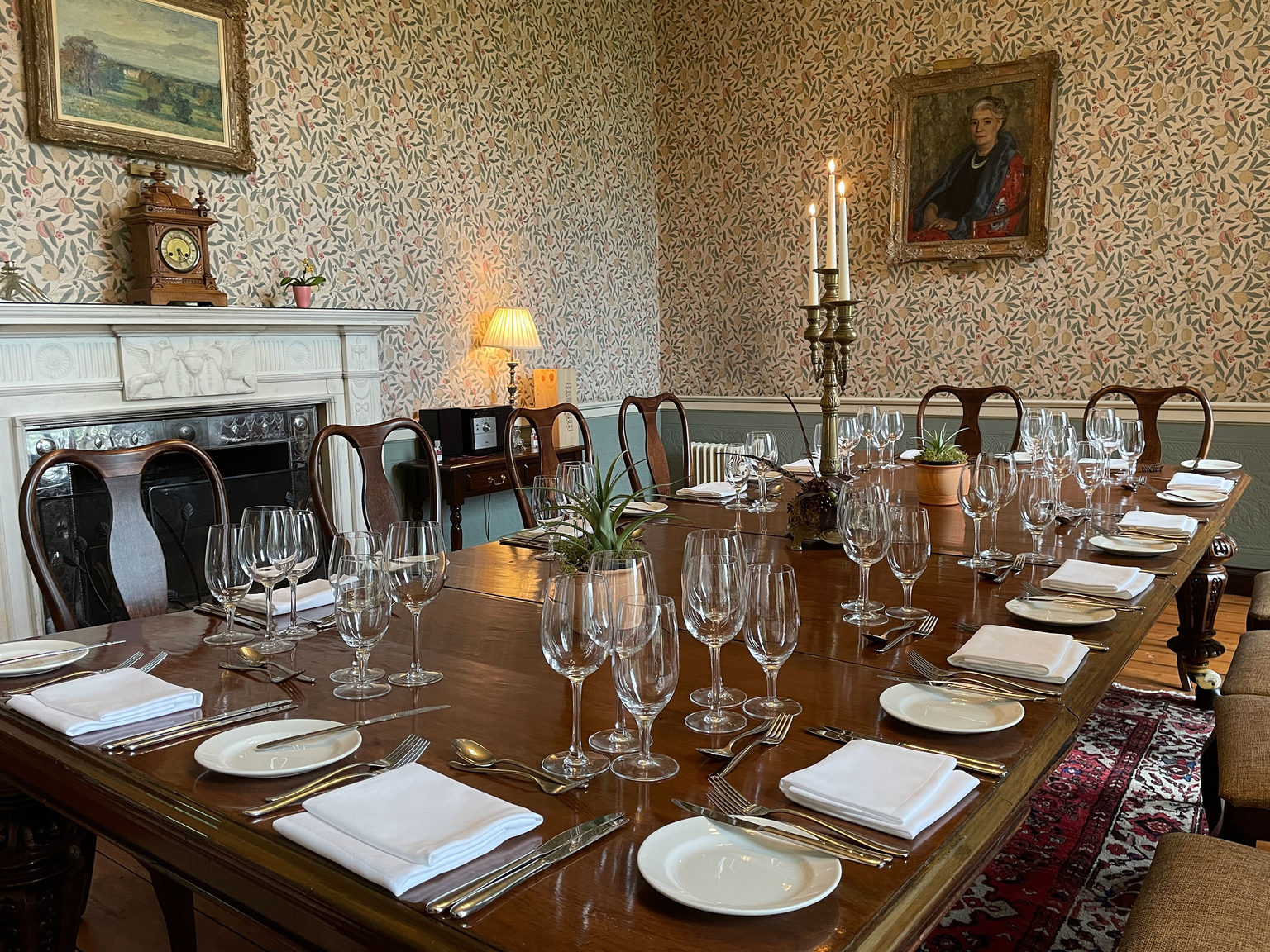 The private dining room at Swinton Park Hotel in North Yorkshire set up for a private corporate dinner