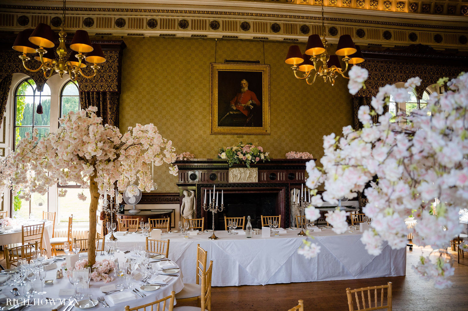 Samuel's Restaurant set up for a castle wedding reception, with a top table, at the Swinton Estate near Harrogate and the Yorkshire Dales. Photo by Rich Howman.