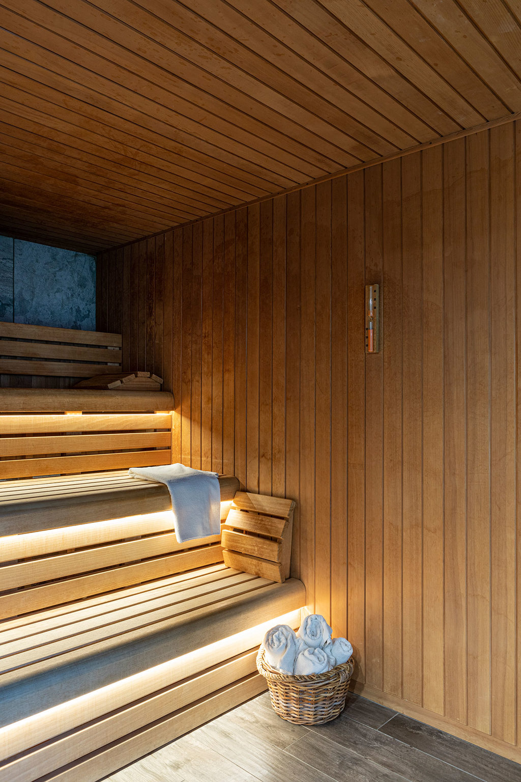 Inside a sauna at the Swinton Estate spa near Harrogate and the Yorkshire Dales in North Yorkshire