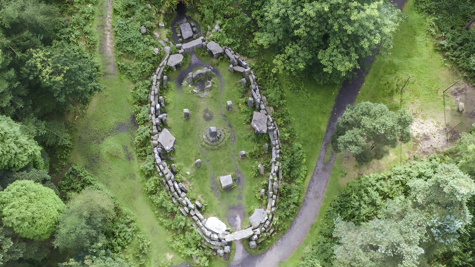 Aerial photo of the stone circle of Druid's Temple in the woodland at Swinton Bivouac in North Yorkshire