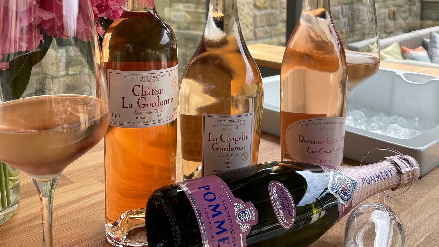 A selection of fine rosé wine bottles, at the Terrace Restaurant and Bar on the Swinton Estate