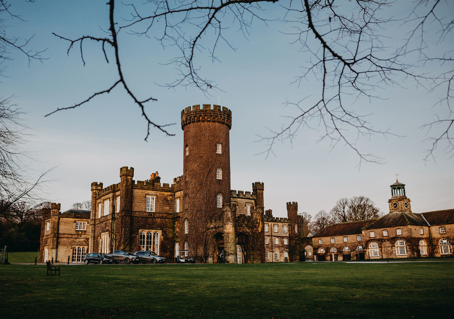 The castle turret of Swinton Park Hotel during the winter