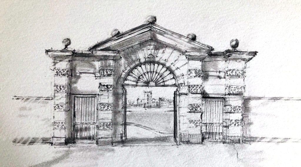 An artist's hand-drawn sketch of the entrance gates at Swinton Park Hotel
