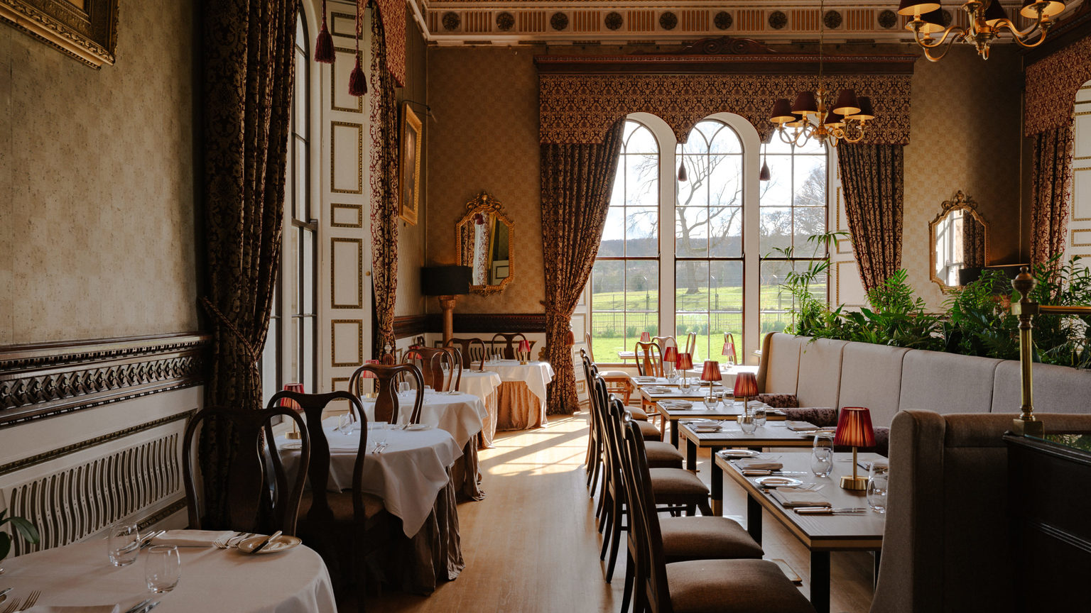 The dining room at Samuel's restaurant at Swinton Park Hotel in Masham, North Yorkshire